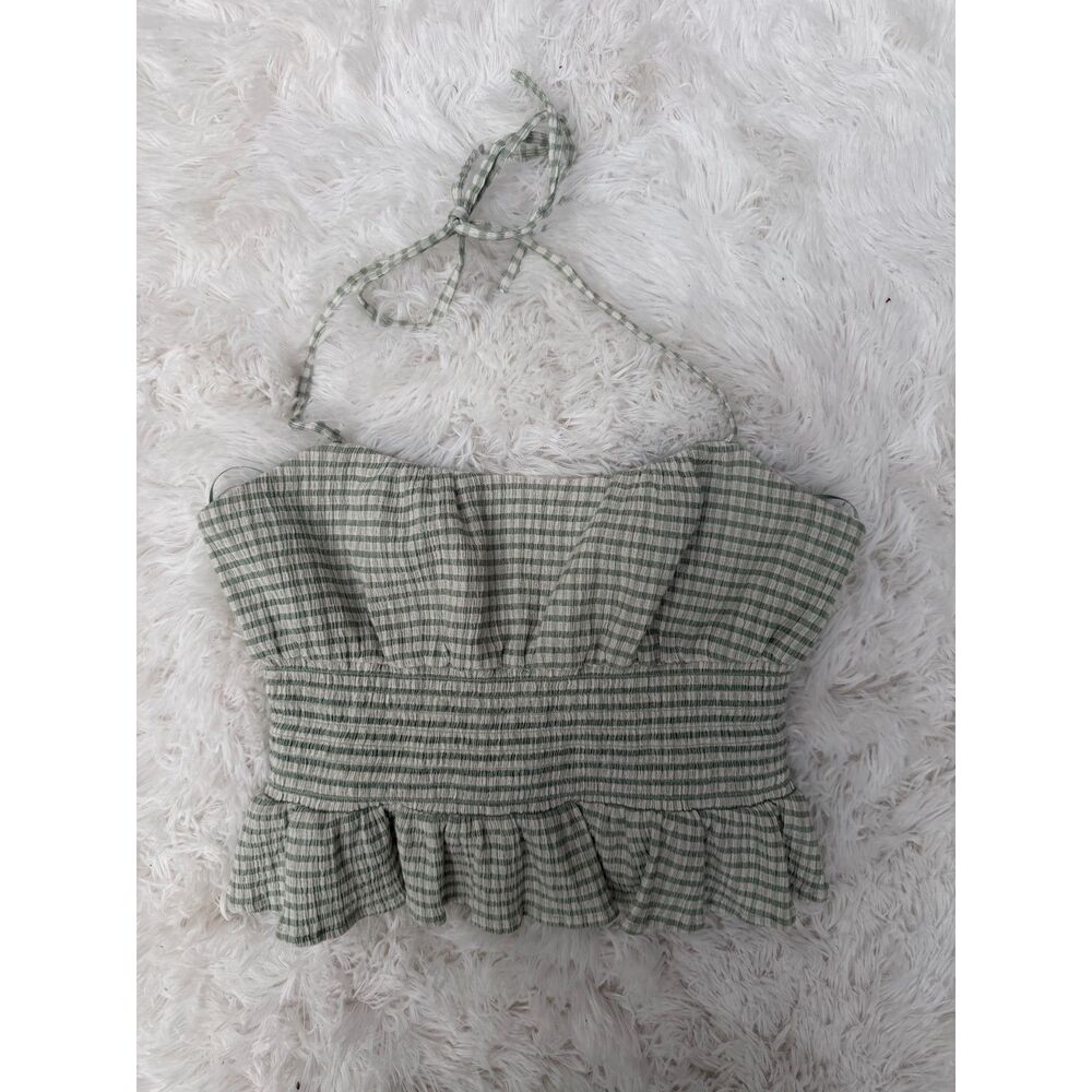 Reformation Bea Peplum Top in Robins Egg Check - Size 0